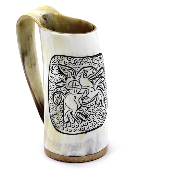 Viking Warrior Hand Engraved Horn Mug  -100% Authentic Beer Horn Tankard | Viking Gift Birthday Gift Wedding Mugs | Free Personalization