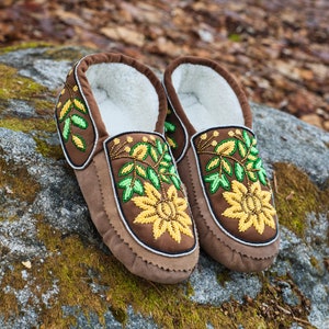 Moccasins Handmade beaded moccasins with Intricate bead-work Genuine Leather Brown