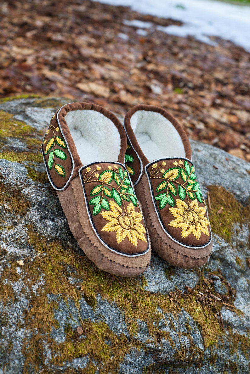 Moccasins Handmade beaded moccasins with Intricate bead-work Genuine Leather Brown