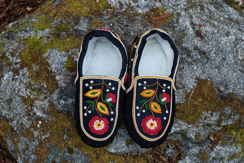 Moccasins Handmade beaded moccasins with Intricate bead-work Genuine Leather Black