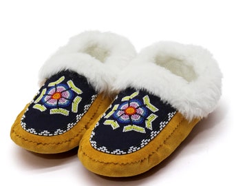 Genuine Leather Beaded Moccasins Handmade beaded moccasins with Intricate bead-work and Fux Fur