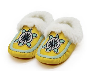 Genuine Leather Beaded Moccasins Handmade beaded turtle design moccasins with fux fur
