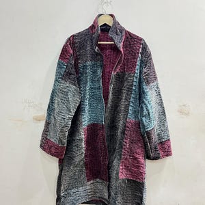 MultiColor Velvet Patchwork Long Kimono Jacket, Vintage Style Robe, Beach Cover-up, Gift For Women