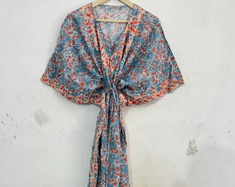 Katoenen kaftan met Indiase blokprint, handgemaakte strandkleed, cadeau voor haar
