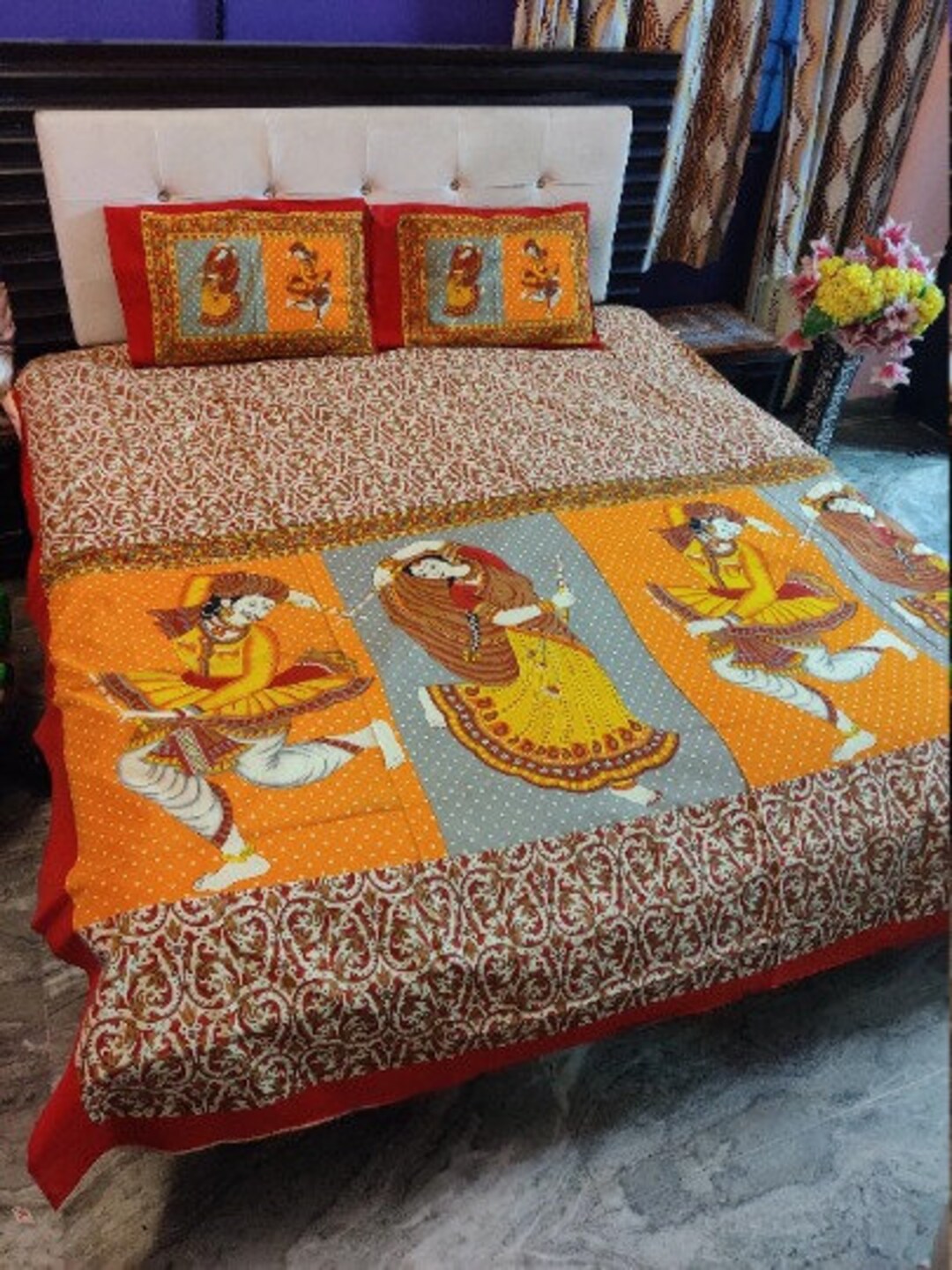 Handmade Mughal Rajasthani Dance Floral Print Cotton Dobell Bed Sheet