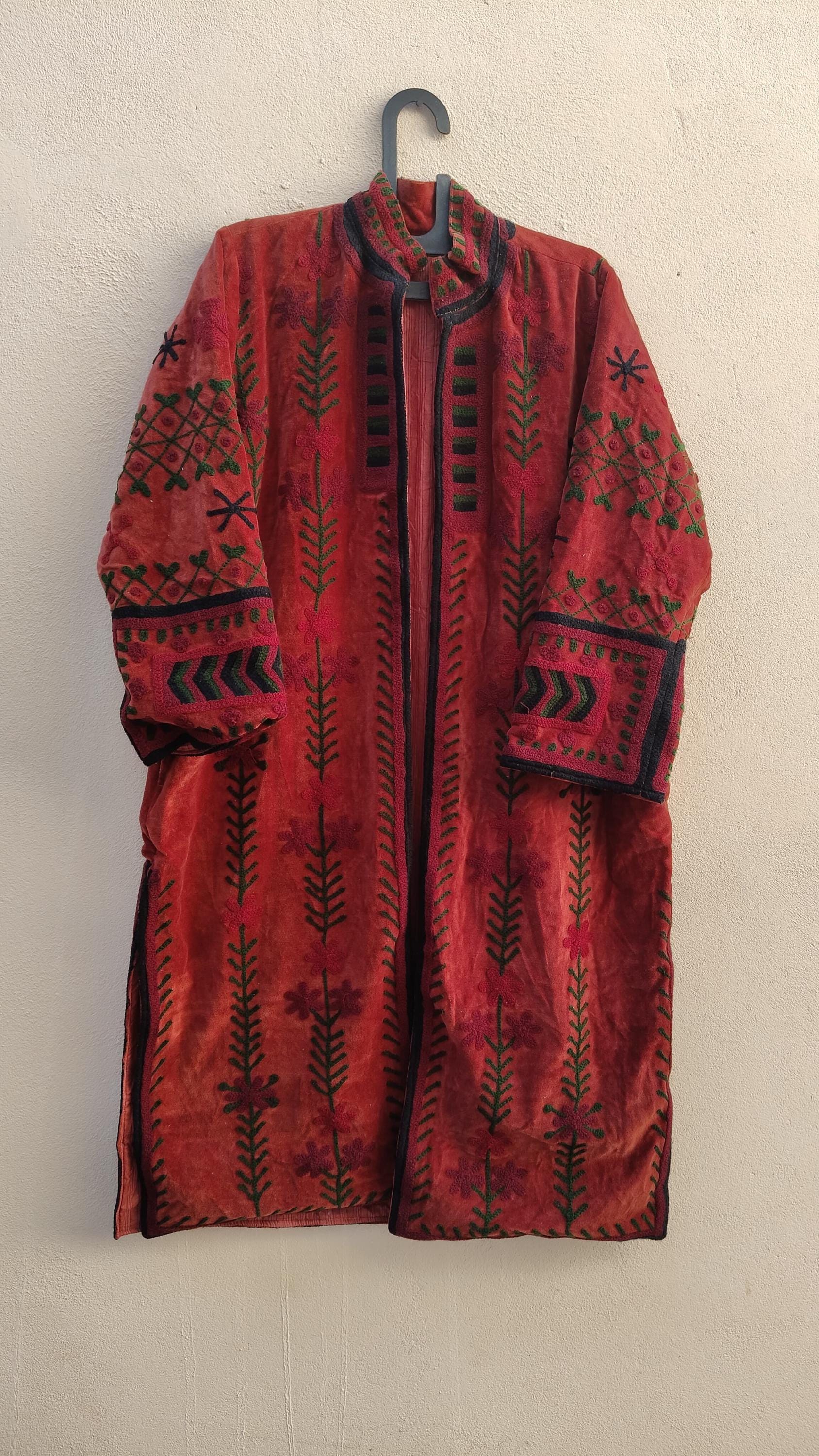 Handmade Suzani Velvet Jacket, Embroidered Cotton Long Coat, Gift For Her