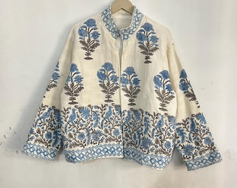 Hand-Block Printed Quilted Cotton Jacket - Blue Floral jacket Gift For Her