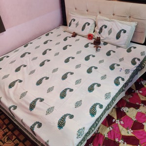 Unique Item 100% Cotton Hand Block Print Bedsheet Set 90&quot;x108&quot;Blue Floral Design Queen Size Soft Cotton Flat Sheet Set/Gifts For Christmas