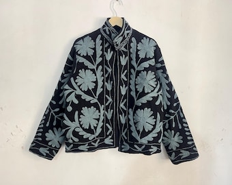 Handmade Black Suzani TNT Embroidery Jacket, Cotton Unisex Coat, Gift For Her
