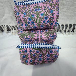 Borsa da trucco trapuntata Toyletry in cotone, borsa per cosmetici, fatta a mano, borsa da toilette, regalo ideale, piccola borsa da lavaggio per donna, stampa a blocchi, custodia per borsa