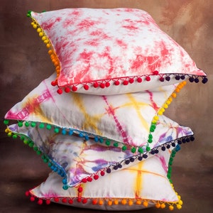 4 Pieces Multi tie dye cushion cover, Approx. Design throw cushion, decorative pillow Cover, throw pillow Multi Color And Multi Pom Pom,