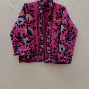 Pink Cotton Suzani Jacket: Hand Embroidered Winter Coat