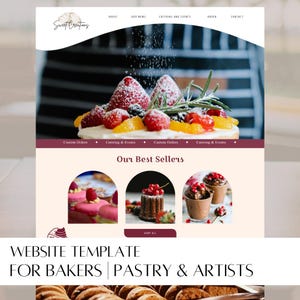 Puede incluir: Plantilla de sitio web para panaderos, pasteleros y artistas. El sitio web presenta un encabezado con el texto "Sweet Creations" y un menú con enlaces a "Acerca de", "Nuestro menú", "Catering y eventos", "Pedido" y "Contacto". El sitio web también presenta una sección llamada "Nuestros mejores vendedores" con imágenes de tres postres diferentes: un pastel con fresas y naranjas, una mousse de chocolate y un pastel pequeño con bayas rojas.