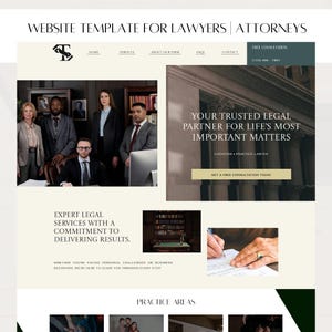 Op de afbeelding: Website-sjabloon voor advocaten en juristen. De website bevat een foto van een groep advocaten in een advocatenkantoor, een call-to-action voor een gratis consult en een sectie die expertise op het gebied van juridische diensten benadrukt. De website bevat ook een sectie voor praktijkgebieden.