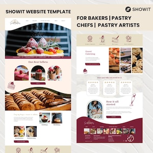Könnte beinhalten: Website-Vorlage für Bäcker und Konditoren. Die Vorlage bietet ein Website-Design mit einem rosa-weißen Farbschema. Die Website enthält Bilder von Kuchen, Gebäck und anderen Backwaren. Die Website enthält auch Text, der "Unsere Bestseller", "Event Catering", "Nehmen Sie nicht einfach unser Wort dafür" und "Wie alles begann" lautet.