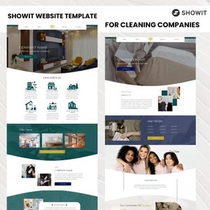 May include: Website template for cleaning companies. The template features a white background with a green and blue color scheme. The text "SHOWIT WEBSITE TEMPLATE FOR CLEANING COMPANIES" is displayed at the top of the page. The template includes sections for "Our Services", "About Us", "Our Mission", and "Our Commitment to Excellence".