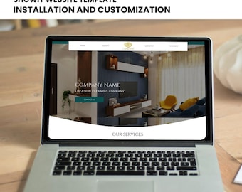 May include: A laptop computer displaying a website template for a cleaning company. The website has a header with the text "COMPANY NAME" and "LOCATION CLEANING COMPANY". The website also has a section titled "OUR SERVICES".