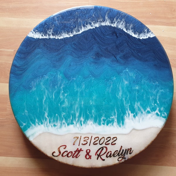 Custom Ocean Lazy Susan, Resin Art, Serving platter, Turntable, Ocean Beach Sand, Waves, wedding gift, Real Sand Lazy Susan