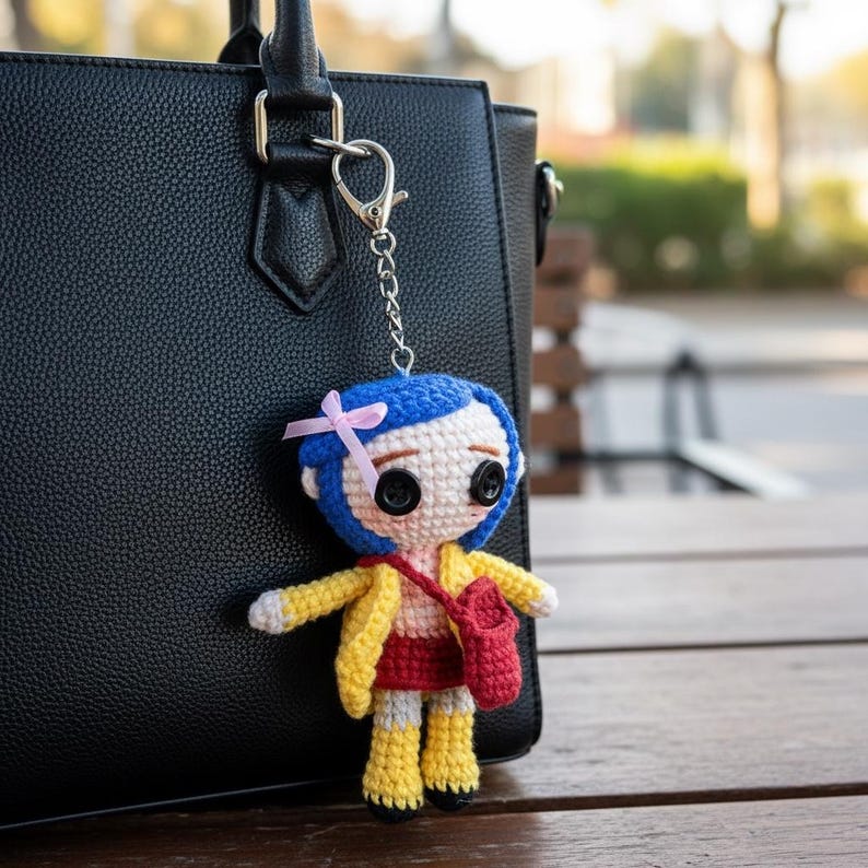 May include: Crocheted doll keychain featuring a character with blue hair, a yellow jacket, and a red dress. The doll has large black button eyes and a pink bow. The keychain is attached to a black leather handbag.