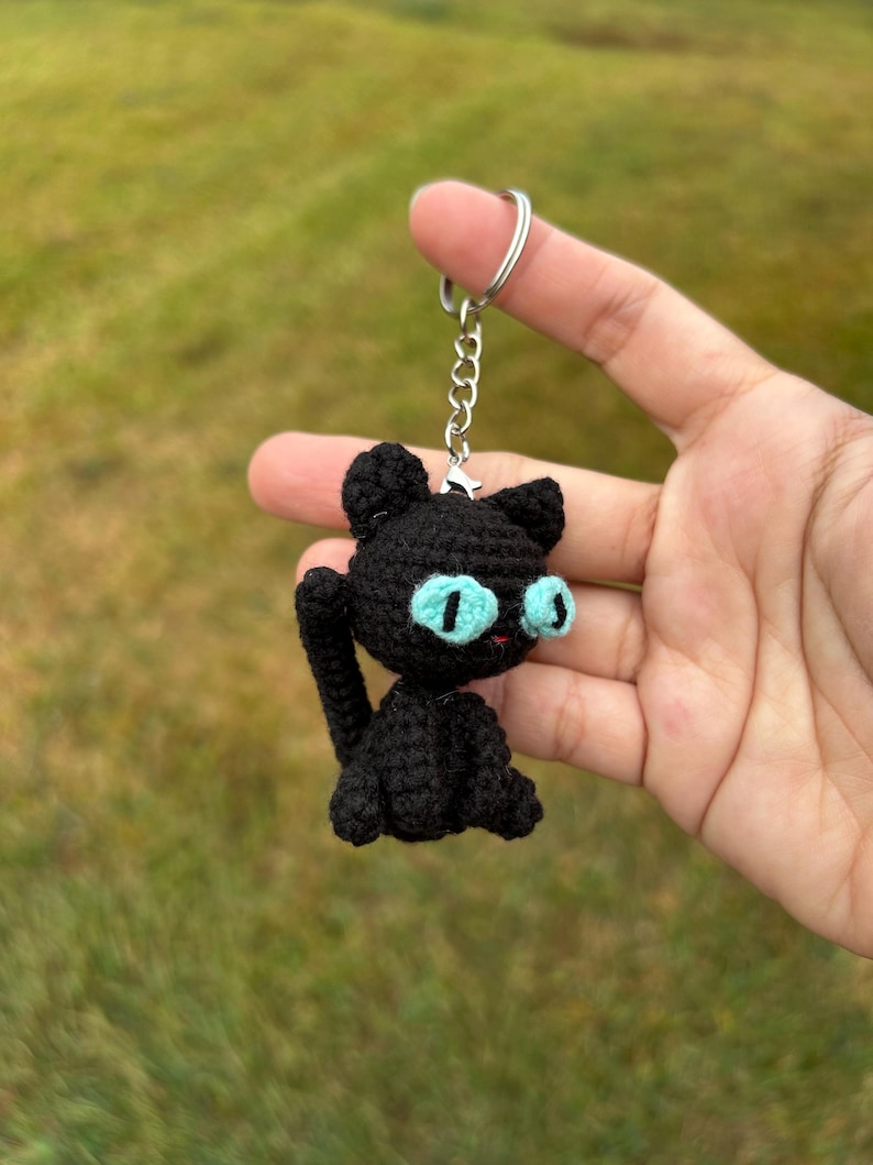 May include: A black crocheted cat keychain with bright blue eyes and a silver keyring. The handmade cat has a small tail and is held up against a blurred green background. The cat's eyes are outlined in black and have a red mouth.
