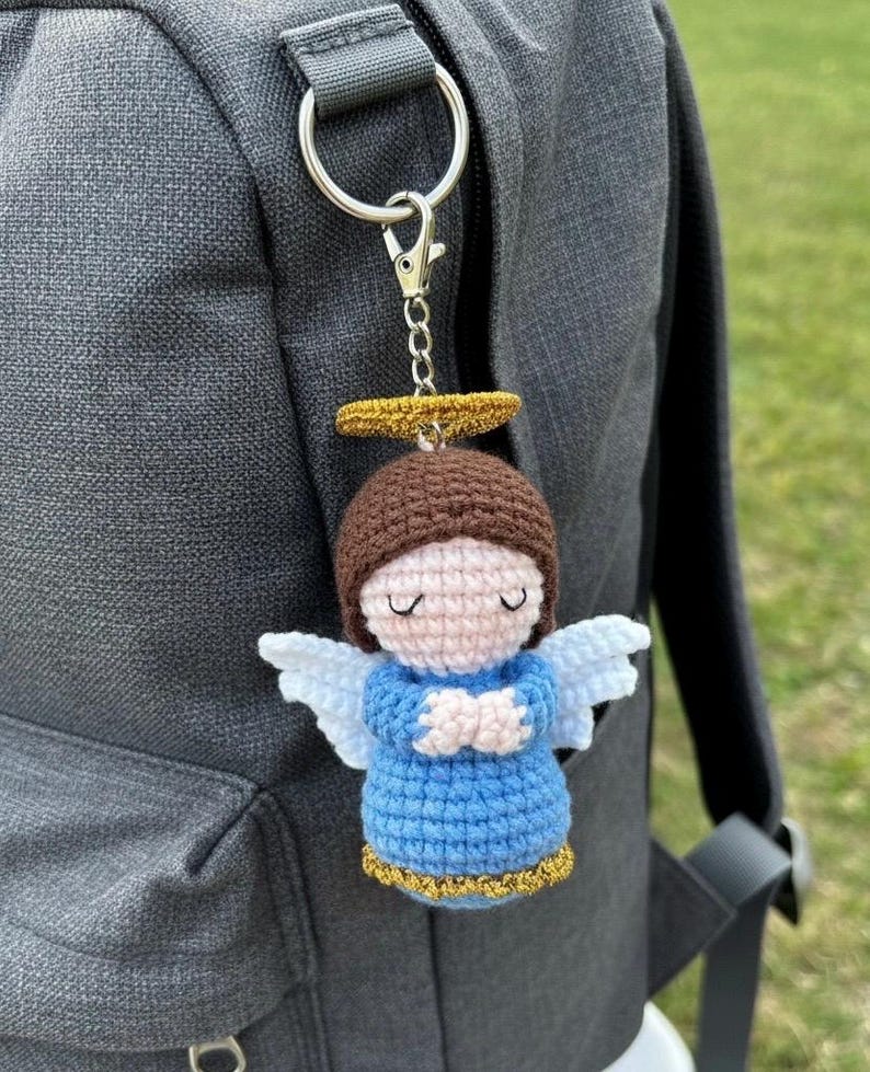 Crocheted Our Lady of Guadalupe Rosary Hanging Blue Angel Keychain