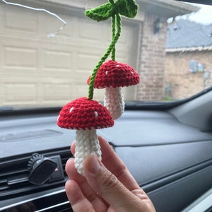 Car Mirror Hanging, Mushroom Hanging, Crocheted Mushroom Hanging