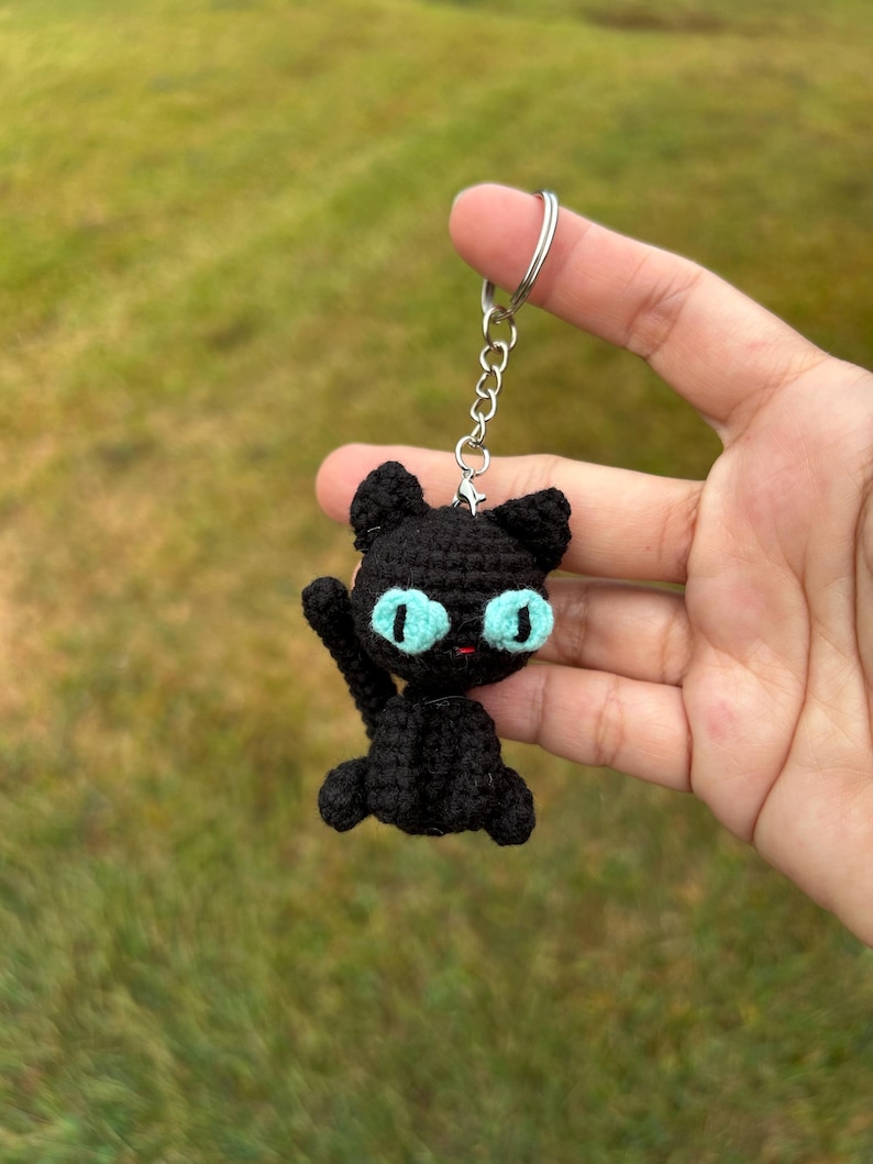 May include: A black crochet cat keychain with bright blue eyes and a silver keyring. The handmade cat has its paw raised and is sitting upright. The cat's ears are perked up, and the keychain is held against a blurred green background.