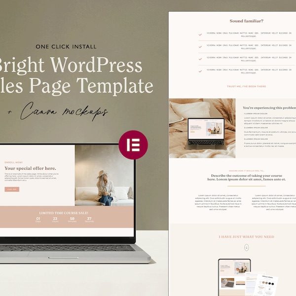 Bright Online Course Sales Page Template, Elementor WordPress template, Landing page template, Lead magnet template, Sales Funnel template