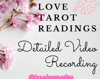 May include: A digital graphic featuring the text LOVE TAROT READINGS and Detailed Video Recording in black font, with the handle @taroteveryday in pink. The design is decorated with light pink cherry blossom flowers and pink heart outlines.