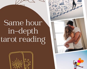 May include: A promotional graphic with the text @taroteveryday and Same hour in-depth tarot reading. It features a brown shape with gold line art of two tarot cards, one showing an eye and the other a planet. Three photos show a person climbing stairs, a couple embracing, and a person jumping with balloons.