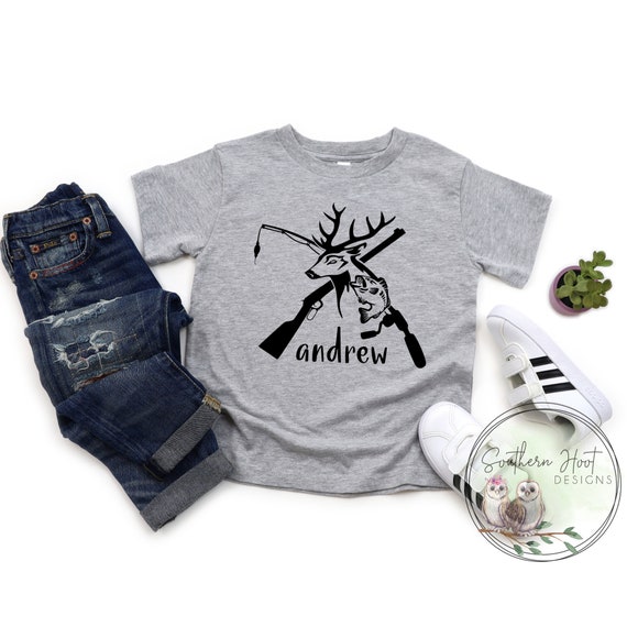 Personalized X Hunting & Fishing Shirt, Boys Hunting Shirt, Rifle Shirt,  Fishing Pole Shirt, Boys Gray Shirt -  Norway