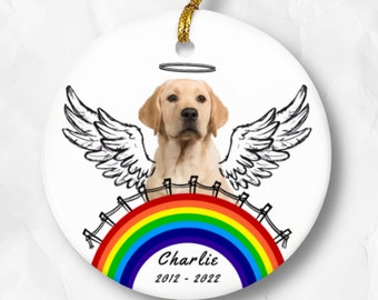 Personalized Pet Memorial Rainbow Bridge Ceramic Ornament | Keepsake Pet Memorial Ornament | Custom Dog Rainbow Pattern Memorial Gifts