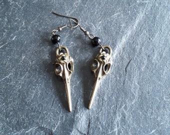 Bronze earrings crow skull with black bead