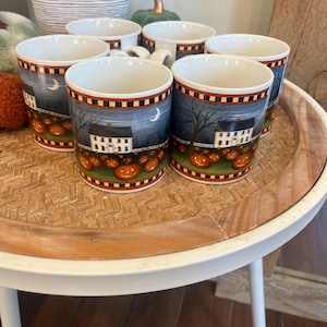 Vintage 2001 Halloween Pumpkin Hollow David Carter Brown Canecas conjunto de 6 café Outono Árvores Lua Noite Céu