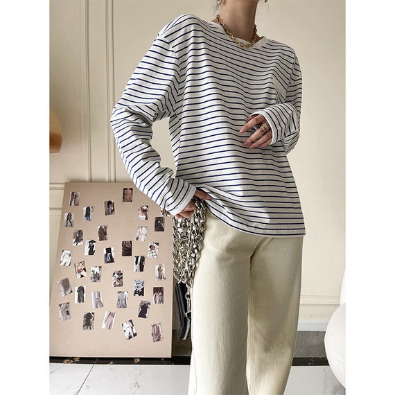 Women Striped T shirt Blue Striped Black Striped Womens Top Casual