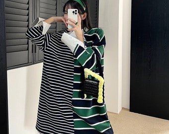 Women  loose dress | colourblock striped dress  | striped dress | green | black&white | cotton dress | casual loose dress | Jaze