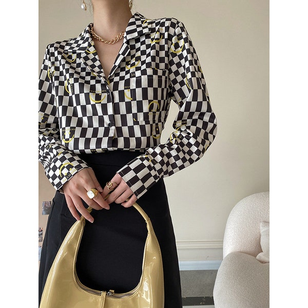 Women plaid pattern shirt | office wear | checkerboard shirts | black and white | button down long sleeves shirt | outwear blouse | Jaze