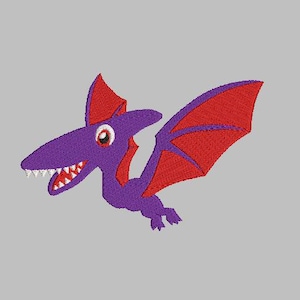 May include: Embroidered purple Pterodactyl with red wings and accents. The dinosaur has a long beak, white teeth, and a red and white eye. The image is set against a gray background. This design is suitable for apparel and accessories.