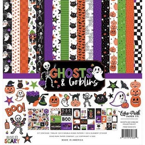 May include: A Halloween-themed papercrafting kit with patterned paper, stickers, and embellishments. The kit features ghosts, pumpkins, cats, and skeletons in orange, black, purple, and white. The kit includes the text "Ghosts & Goblins" and "So Cute It's Scary".