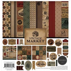May include: A vintage-themed paper collection kit with various patterned papers, labels, and stickers. The kit includes papers with stripes, floral patterns, and the words "Vintage Market". The color palette includes brown, beige, and red.
