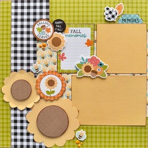 May include: A scrapbook page with a fall theme. It features a yellow and green plaid background, black and white checkered accents, and decorative elements like sunflowers, bees, and the text "Fall Memories". There are two yellow photo mats.