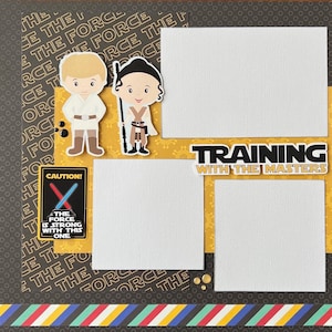May include: A scrapbook page with a yellow and black background featuring two cartoon characters, a boy and a girl, with the text "Training with the Masters".