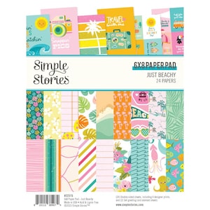 May include: A Simple Stories 6x8 paper pad titled "Just Beachy" with 24 papers. The pad features colorful, double-sided sheets with beach-themed designs, including palm trees, waves, and travel motifs. The pad includes 4 designer prints and 2 greeting card element sheets.