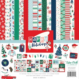May include: A collection of twelve 12x12 double-sided patterned papers and a 12x12 element sticker sheet featuring Christmas themes. Designs include Santa faces, ornaments, trees, lights, and gifts in red, green, blue, and white. Text reads Happy Holidays.