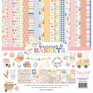 May include: A scrapbook paper collection kit with a pastel color scheme featuring bunnies, baskets, and Easter eggs. The kit includes 12 double-sided papers and 1 element sticker sheet. The kit is titled "Bunnies & Baskets" and is made in America.