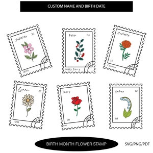 Geburtsmonat Blumen Stempel • Name und Geburtsdatum Tattoo • Aufkleber / Tattoo / Hochzeitseinladungskarte