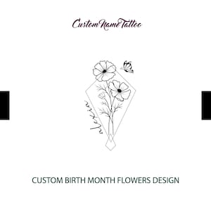 Puede incluir: Un diseño de tatuaje en blanco y negro de línea de arte de una flor con una mariposa. La flor está en forma de diamante con el nombre "Alessio" escrito verticalmente en el lateral. El texto "Custom Birth Month Flowers Design" está en la parte inferior de la imagen.