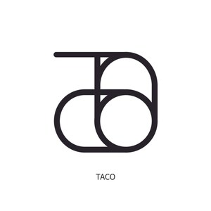 May include: Black and white line art illustration of a taco. The illustration is stylized and abstract, with two overlapping circles representing the taco shell and a line representing the filling.