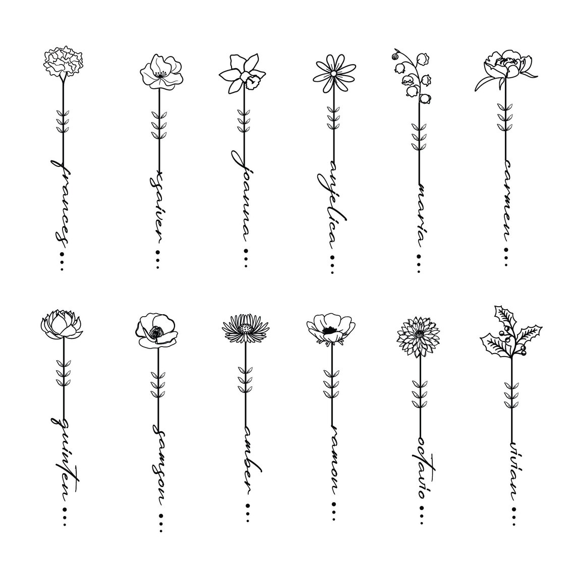 Birthday Flower Name Custom Tattoo Birth Flower Design Line Drawing ...