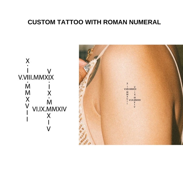 Tatuaggio con numeri romani • Tatuaggio personalizzato per la famiglia • Logo speciale per data • Design con 1-10 date